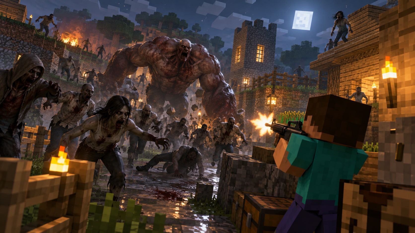 Concept artwork of Steve defending a Minecraft village against infected and a towering Tank.